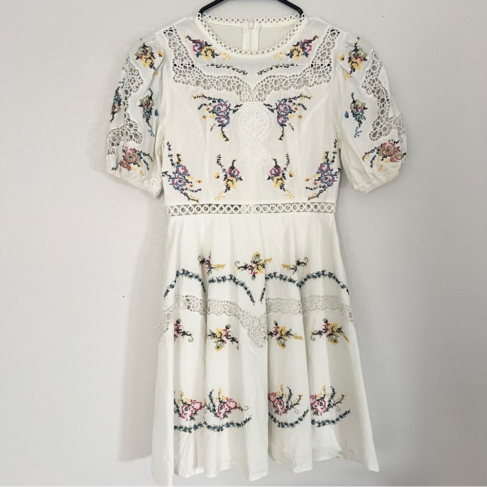 Custom Handmade Embroidered White Dress Cutout Neck & Waist Lace Unique Design